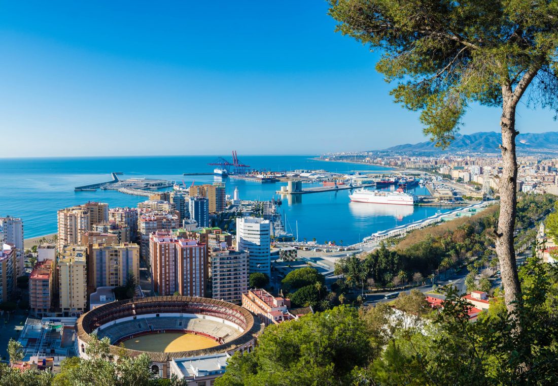 Aerial view of city harbour, Malaga, Spain